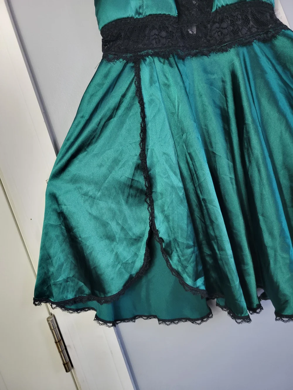 Emerald Satin & Black Lace Babydoll Chemise